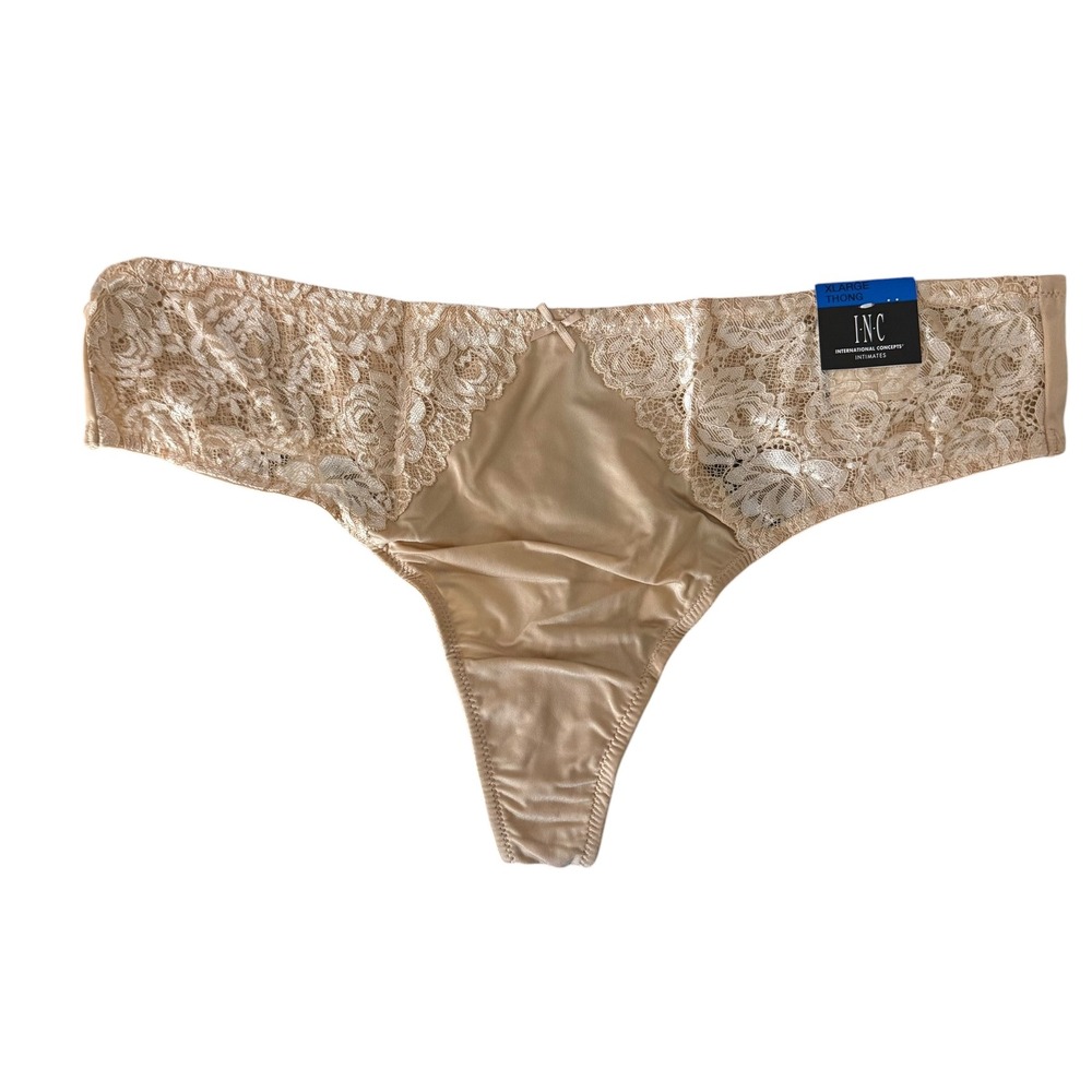 INC Lace Thong Women XL‎ Frappe Beige NEW Floral Microfiber Intimates 100026895